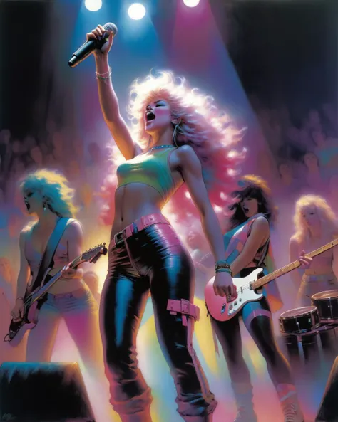 Oil painting. full body shot of Jem and the Holograms, performing on stage, Spotlights and bright colorful music show lights, silhouetted crowd of people around the photographer, Jem singing on a mic, and her band mates in the background playing their instruments, 80s/90s aesthethic, cyberpunk style, cyberwear, extreme upward angle, sfw  <lora:r3mbr4ndt_001:1> r3mbr4ndt