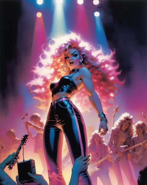 high quality photograph from below, taken from the crowd, focus on  full body shot of Jem and the Holograms, performing on stage, Spotlights and bright colorful music show lights, silhouetted crowd of people around the photographer, Jem singing on a mic, and her band mates in the background playing their instruments, 80s/90s aesthethic, cyberpunk style, cyberwear, extreme upward angle, sfw