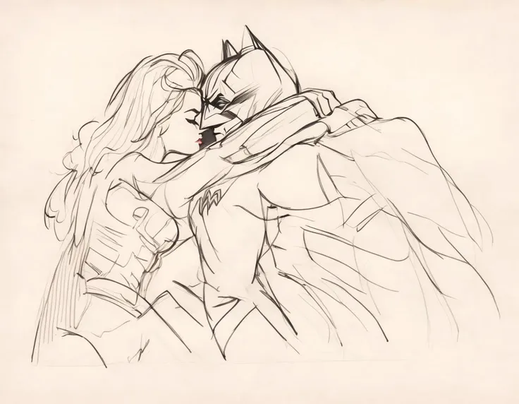 r3mbr4ndt. Drawing of Wonder Woman Kissing Batman <lora:r3mbr4ndt_001:1.0>
