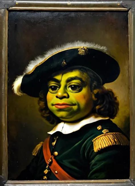 r3mbr4ndt, oil paintingmasterpiece, best quality, holland style half body portrait, (inframe), (((17 century style))), Portrait of a pepe frog boy1 in Military Costume, (((extremely detailed faces))),, moody, Rembrandt-style lighting, high contrast, vintage <lora:r3mbr4ndt_001:1> <lora:pepe_frog SDXL:1>