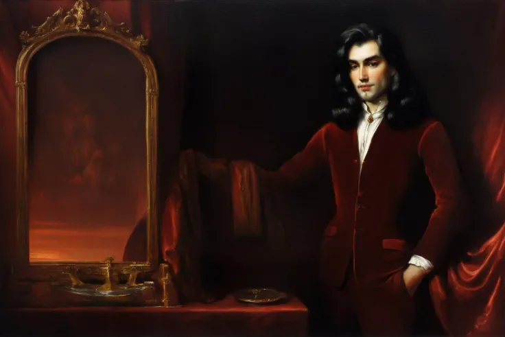 Oil panting. Breathtaking Half body portrait of an elegant man, black translucent hair, in a red evening suit, sitting in front of a mirror, chiaroscuro. Award-winning, professional, highly detailed <lora:r3mbr4ndt_001:1.0> r3mbr4ndt