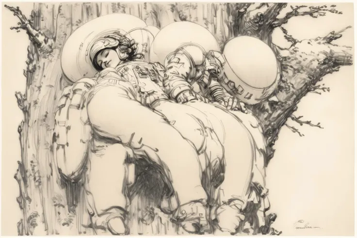 r3mbr4ndt, drawing profile of woman in a space suit, sleeping on top of a giant tree. Art by Masamune Shirow, art by J.C. Leyendecker <lora:r3mbr4ndt_001:1>