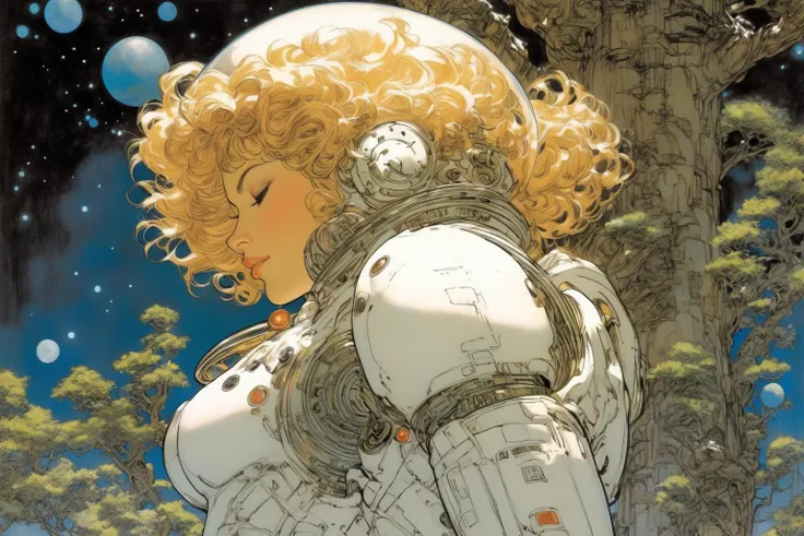 r3mbr4ndt, drawing profile of woman in a space suit, sleeping on top of a giant tree. Art by Masamune Shirow, art by J.C. Leyendecker