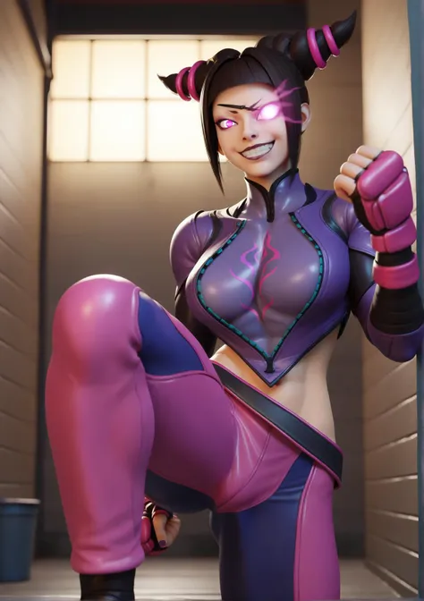 score_9, score_8_up, score_7_up, BREAK, <lora:nyl2professional-guy-PONYv1:1> 1girl, solo, cowboy shot, large breasts, Juri Han, \(Street Fighter\), night, back alley, fighting stance, raised leg, toothy grin, purple eyes, one glowing eye <lora:add-detail-xl:.5>,