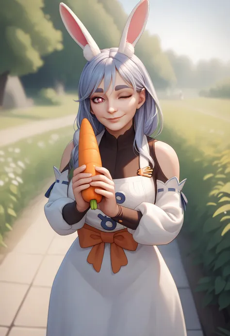 score_9, score_8_up, score_7_up, score_6_up BREAK solo,pekomamadef,thick eyebrows, bunny-shaped pupils, rabbit ears, animal ear fluff, apron, dress, detached sleeves, bow,holding carrot,seductive smile,wink,looking at viewer,outdoors,sunbeam,curvy <lora:nyl2-guy-PONYv2:1.1> <lora:sppekomamadefXLPony:0.7>