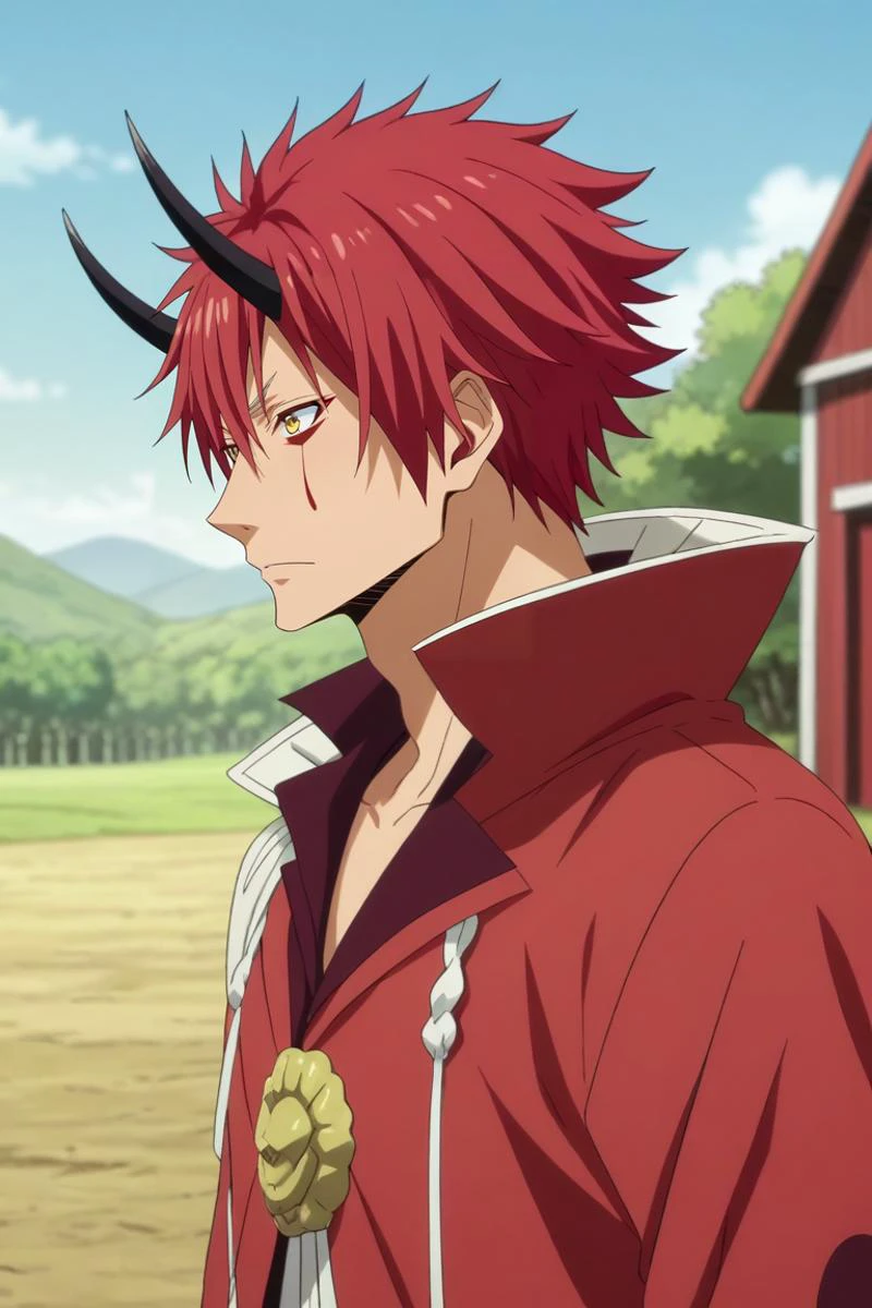 score_9, score_8_up, score_7_up, source_anime, rating_safe, intricate details, anime screencap, , official style, , depth of field, 1boy, solo, male focus, <lora:benimaru_tensura_pony:0.98>, benimaru_tensura, red hair, yellow eyes, hair between eyes, horns, oni horns, facial mark, profile, farm, plantation, dark, holding instrument, :\3, , <lora:sdxl_lightning_8step_lora:1>