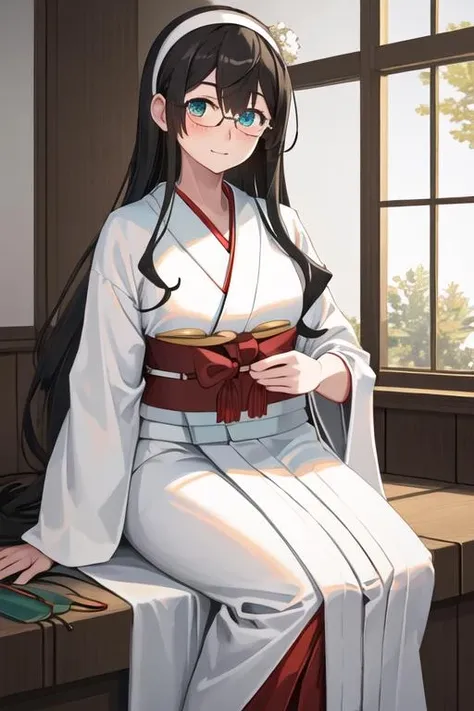 best quality, masterpiece, highres, solo, {white kimono:1.35}, {red hakama:1.35}, {wide sleeves:1.20}, {ooyodo_kantaicollection:1.15}, black_hair, long_hair, glasses, hairband, semi-rimless_eyewear, under-rim_eyewear, blue_eyes, green_eyes, blush, breasts