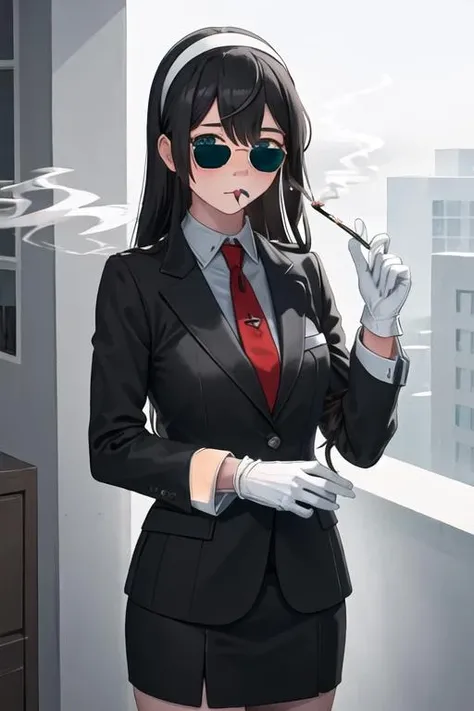 best quality, masterpiece, highres, solo, {black business suit:1.40}, {tie:1.20}, {sunglasses:1.25}, {white gloves:1.15}, {white shirt:1.10}, {black skirt:1.15}, {smoking:1.20}, handsome, {ooyodo_kantaicollection:1.15}, black_hair, long_hair, glasses, hairband, semi-rimless_eyewear, under-rim_eyewear, blue_eyes, green_eyes, blush, breasts