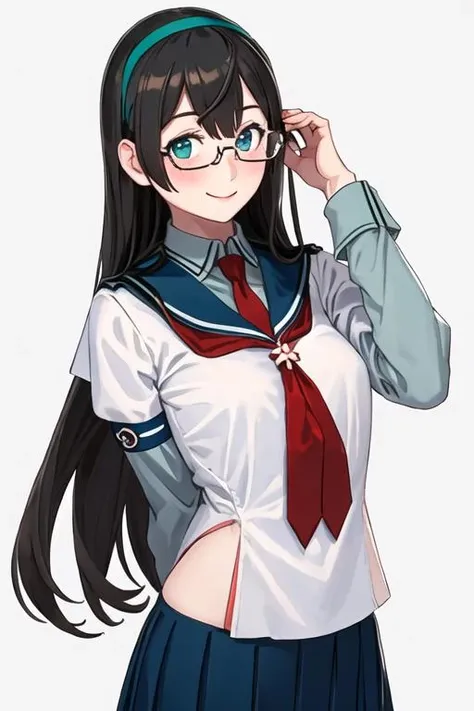 best quality, masterpiece, highres, solo, {ooyodo_kantaicollection:1.15}, black_hair, long_hair, glasses, hairband, semi-rimless_eyewear, under-rim_eyewear, blue_eyes, green_eyes, blush, breasts, 1girl, necktie, school_uniform, serafuku, upper_body, looking_at_viewer, long_sleeves, red_necktie, sailor_collar, simple_background, smile, blue_sailor_collar, white_background