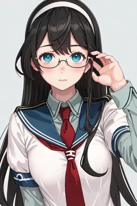 best quality, masterpiece, highres, solo, {ooyodo_kantaicollection:1.15}, black_hair, long_hair, glasses, hairband, semi-rimless_eyewear, under-rim_eyewear, blue_eyes, green_eyes, blush, breasts, 1girl, school_uniform, serafuku, upper_body, looking_at_viewer, necktie, simple_background, white_background, red_necktie