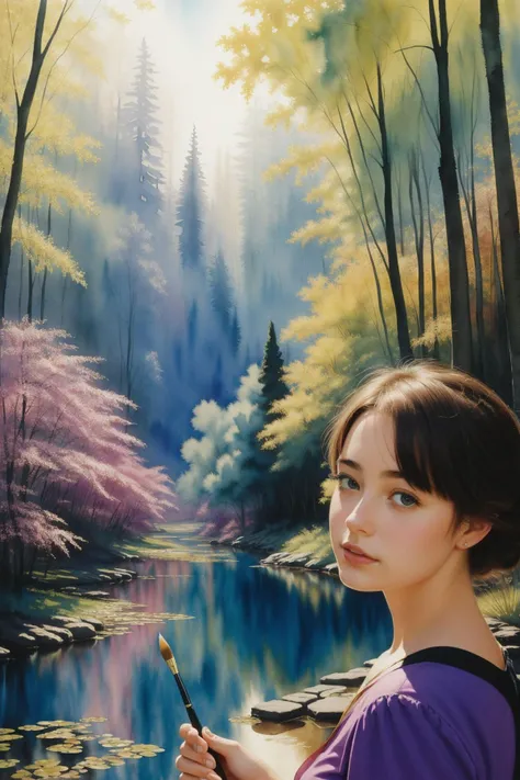 1girl, masterwork Cinematic still, Psytrance Art, masterpiece, landscape of a Deep Purple, Teal and Bronze ([Zambia:Athens:2]:1.3) from inside of a Summer Camp, it is very Funny and Sublime, crowded forest and lava pit, at Overcast, (watercolor art stylized by George Goodwin Kilburne:1.3) , (Grace Cossington Smith:1.3) , Shameful, Lens Flare, Low shutter, Provia, expressive brush strokes, Embossing, masterpiece, 64K