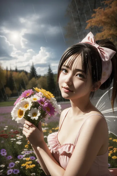 1girl, 8k Collodion Print, epic 3d blender render of an award winning, fairy tale, 80s Art Zany ("I can see clearly now, the rain is gone.":1.3) , at Gruesome flower field, autumn space with Flower Bulb, Snowy, Bokeh, Fine art, Angry, Kawaii anime, short lighting, F/14, Hypersaturated, expressive brush strokes, MOBA style, HDR, High quality