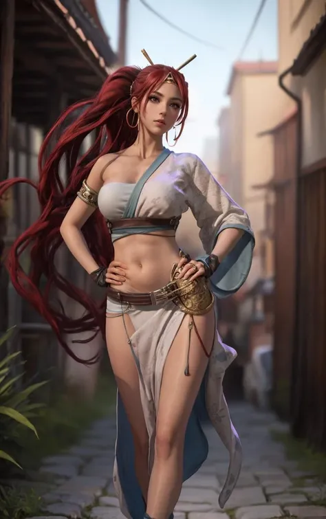 GAME_nariko_heavenlysword_ownwaifu,
1girl, red hair, absurdly long hair, long hair, navel, midriff, very long hair, ponytail, breasts, large breasts, lips, brown eyes, hoop earrings, toned, narrow waist, hair_stick,
single bare shoulder, gloves, fingerless gloves, underwear, panties, armlet, jewelry, earrings, belt, hair ornament, japanese clothes, tube top, pelvic curtain, floral print, gold,
<lora:GAME_nariko_heavenlysword_ownwaifu:0.9>
((masterpiece)),((best quality)),(highres, absurdres), original, official_art, chromatic_aberration, light_particles, bokeh, bloom, depth_of_field, outdoors, day, looking at viewer, solo, cowboy shot,