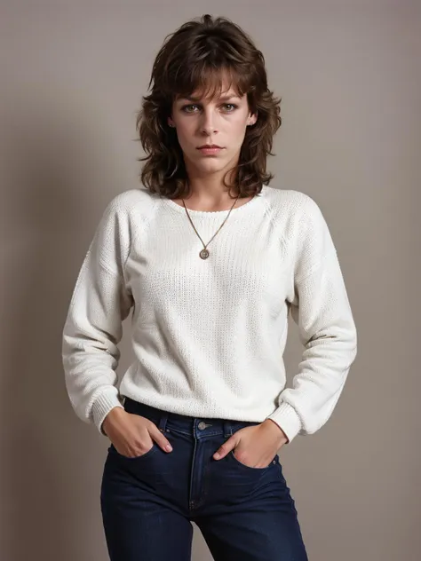 (portrait)-photograph of 20-year-old jamieleecurtis woman wearing crewneck-t-shirt, jeans <lora:Jamie Lee Curtis FINAL LoRA use 0point4 strength:0.1>, olan mills photography