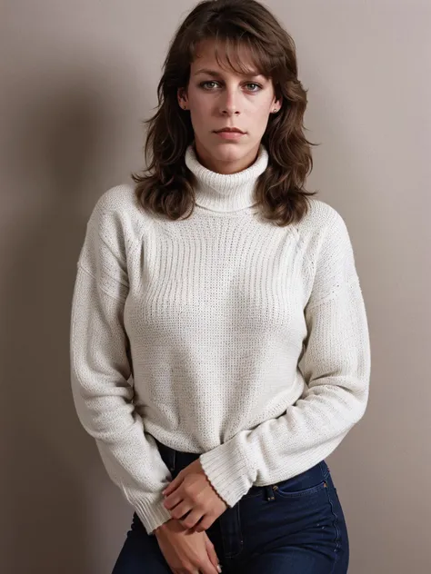(portrait)-photograph of 20-year-old jamieleecurtis woman wearing turtleneck-sweater, jeans <lora:Jamie Lee Curtis FINAL LoRA use 0point4 strength:0.1>, olan mills photography