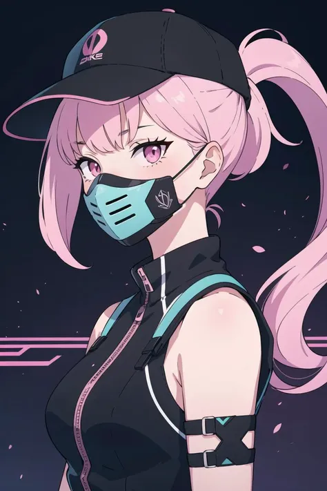 best quality, masterpiece, solo, 1girl, ponytail, black headwear, mouth mask, pink eyes, neon lights,