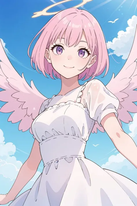best quality, masterpiece, 1girl, wings, halo, white dress, light smile, pink hair, sky,
