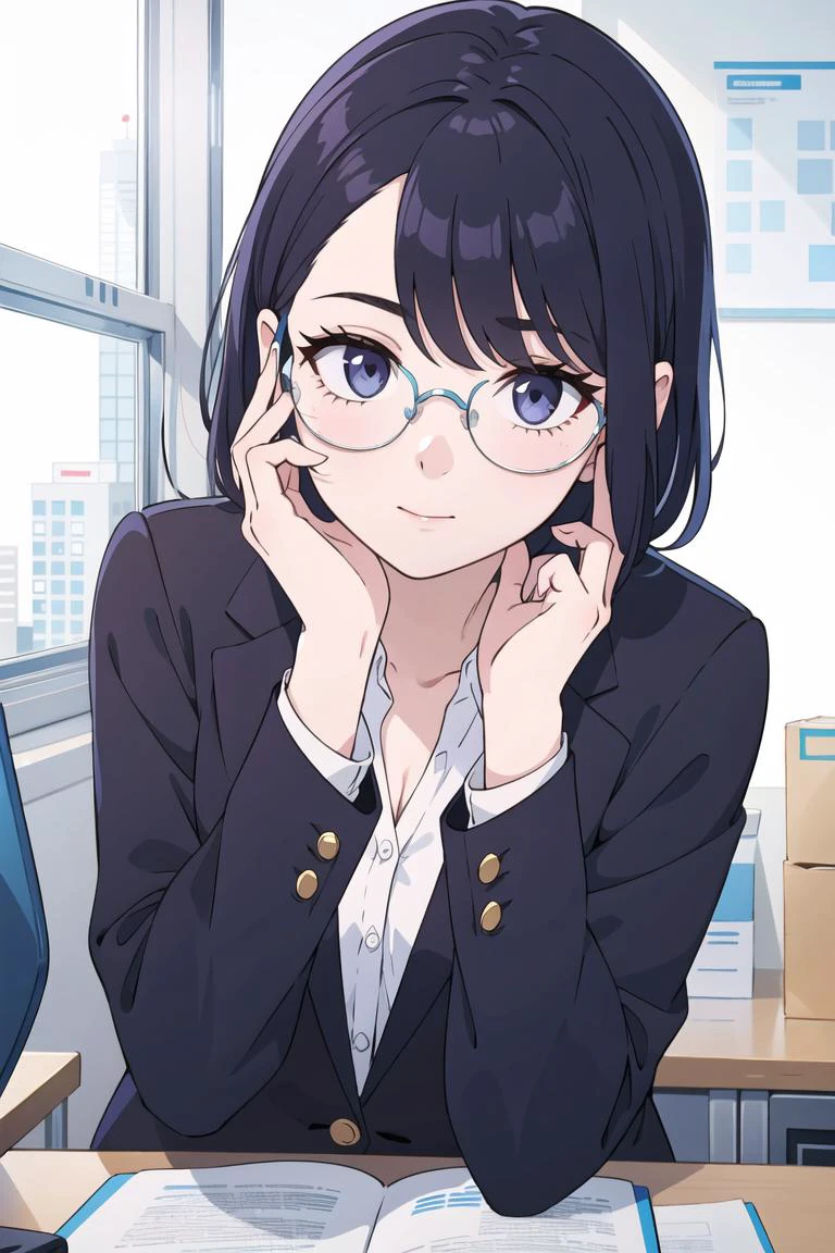best quality, masterpiece, 1girl, office lady, glasses, adjusting eyewear,