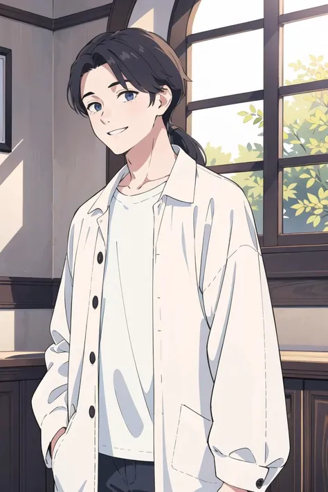 best quality, masterpiece, solo, (1boy:1.4), oversized clothes, light smile, long hair,