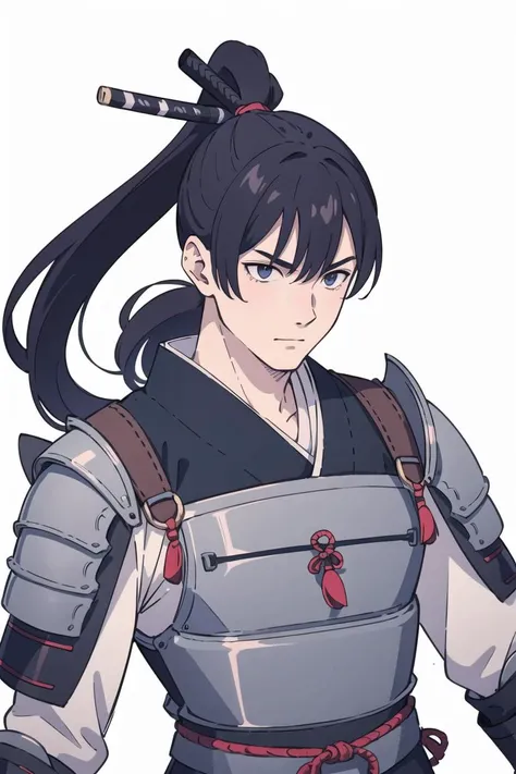best quality, masterpiece, solo, 1boy, mature male, ponytail, japanese armor, samurai,