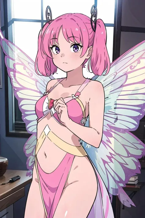 best quality, masterpiece, solo, 1girl, <lora:KSHP:1>,pink hair, pigtails, fairy wings,
