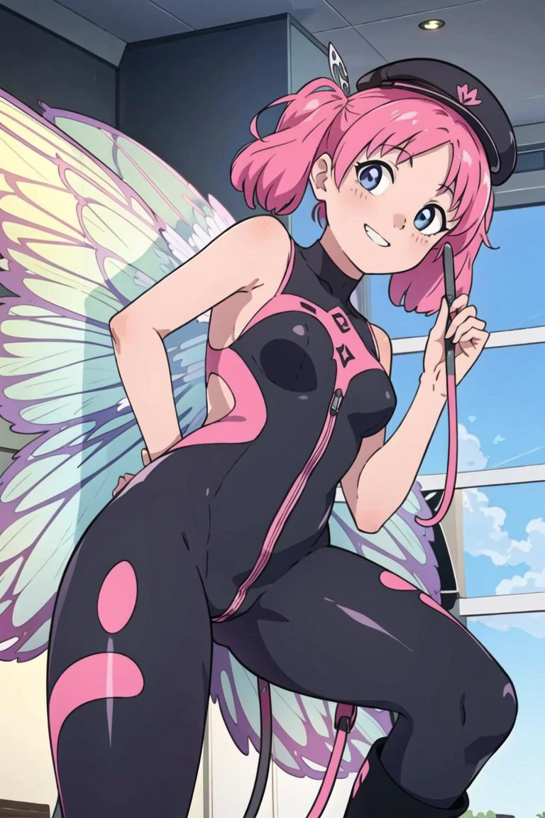 best quality, masterpiece, solo, 1girl, <lora:KSHP:1>,pink hair, pigtails,black bodysuit, latex bodysuit, holding, holding whip, peaked cap, looking at viewer, from below, boots, fairy wings, light smile,