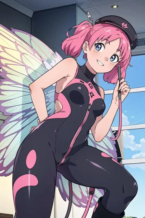 best quality, masterpiece, solo, 1girl,  <lora:KSHP:1>,pink hair, pigtails,black bodysuit,   latex bodysuit, holding, holding whip, peaked cap, looking at viewer, from below, boots, fairy wings, light smile,