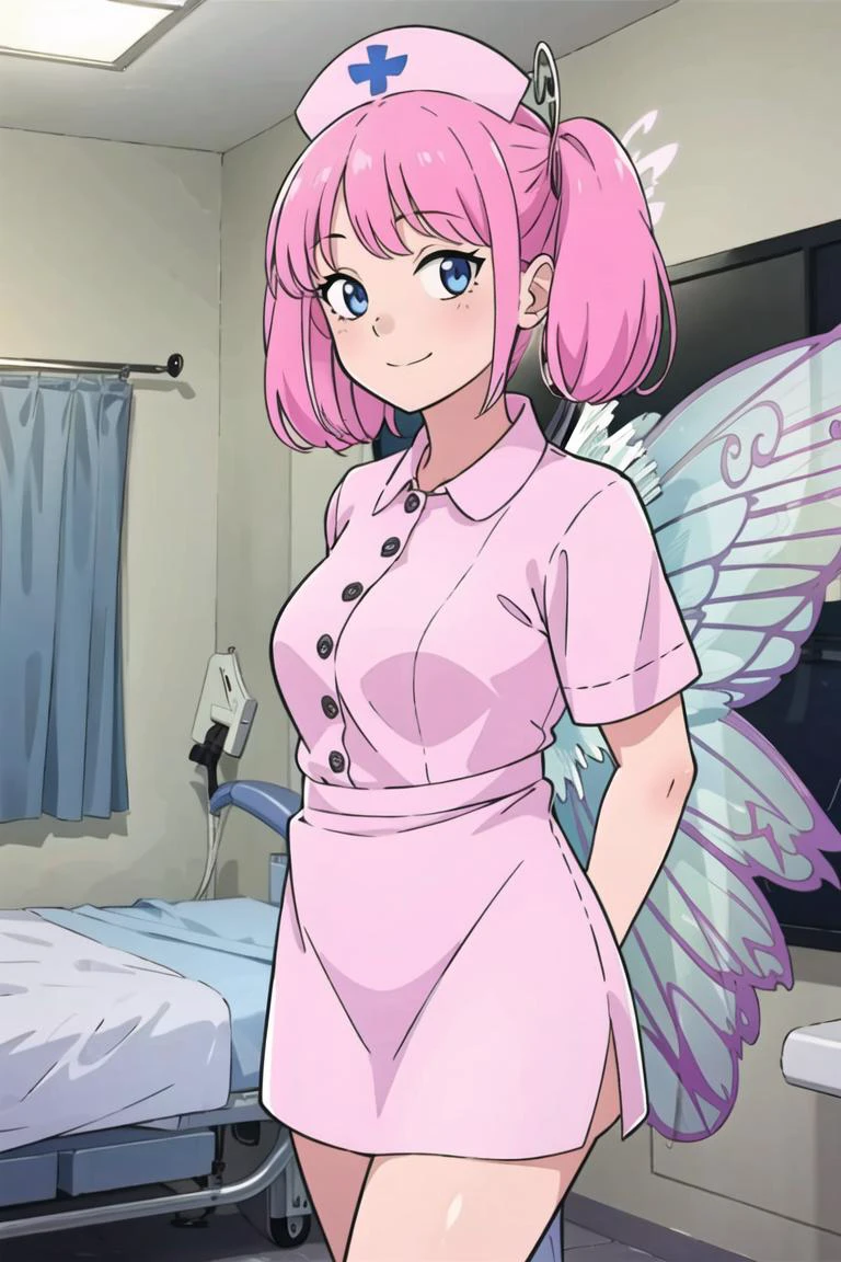 best quality, masterpiece, solo, 1girl, <lora:KSHP:1>,pink hair, pigtails,fairy wings, nurse cap, nurse, looking at viewer, light smile,
