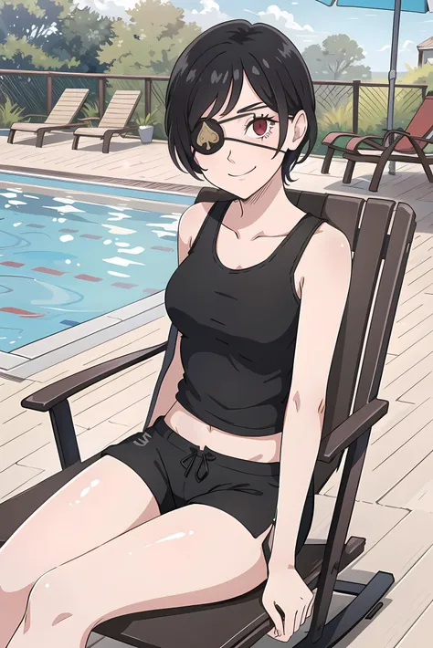 pikkyvanica, 1girl, black hair, solo, red eye, eyepatch, one eye covered, black tank top, black shorts, pool, sitting in deck chair, smile, looking at viewer <lora:Vanica:0.75>