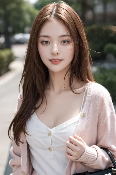 (masterpiece), (best quality), (realistic), Nikon RAW photo, Fujifilm XT3, beautiful 1girl,
white_blouse, long_sleeves, buttoned pink_cardigan,
facing_viewer, collarbone,
long_hair, brown_hair, 
smile,
(ultra detailed), 8k, 4k, intricate, upper_body, detailed_face, best lighting, outdoors,
makeup, handbag,
<lora:LeeNagyung_v1:0.7>