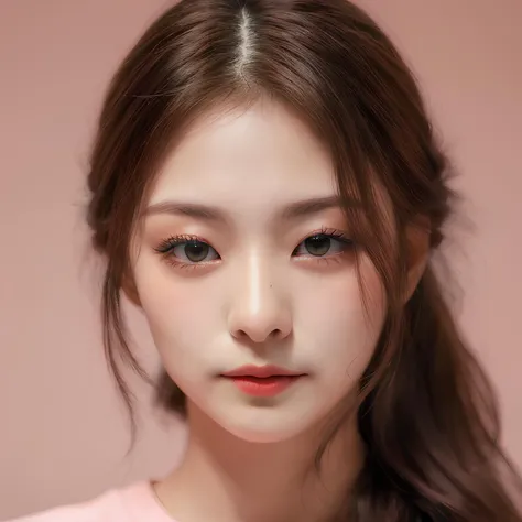 pink background, hyper realistic lifelike texture dramatic lighting unreal engine trending on art station, award winning photo, nikon RAW photo,8 k, Fujifilm XT3,masterpiece, best quality, realistic, photorealistic, ultra detailed, extremely detailed face, solo,1girl, standing, fashionable and trendy atmosphere, high-end makeup products, and a stylish expression on her face, close up, pink t-shirt, closed mouth, closed lips,