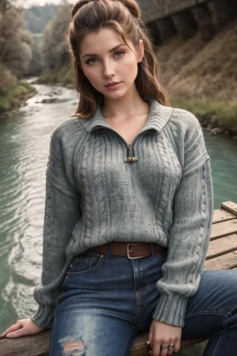 AmandaC, (((Head Portrait))), ((wearing sweater and distressed jeans)), (((in the country modeling near a river))), ((sitting on a bench next to the river)), ((legs crossed)), real skin with pores, real true to life image, extremely intricate, High Detail, Sharp focus, dramatic, soft cinematic light, (looking at viewer), (detailed pupils), smiling, photo lab, elegant, insane details, hyperdetailed, low contrast, epiCRealism,