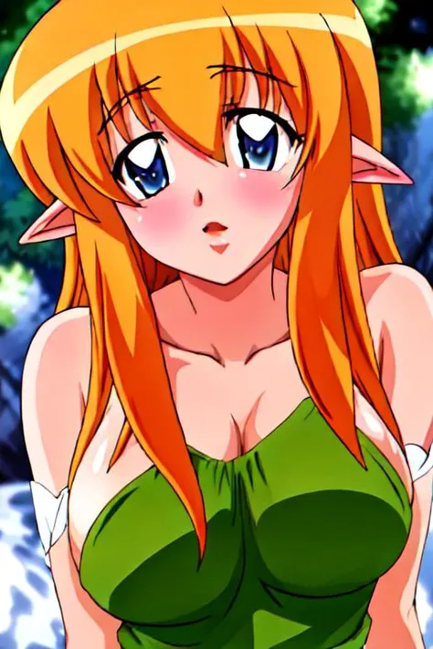 masterpiece,best quality,ultra detail,close up, girl, smile,Cream Lemon Caron,1girl,ruins,orange hair,((very long ponytail:1.5)),((big droopy green eyes)), ((red bikini armor1.8))