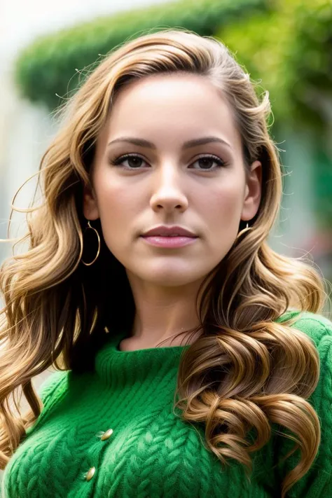 A photograph of K3LLY8R00K2 wearing a green sweater, standing, facing camera. finely detailed skin, sharp focus, depth of field. female focus. bokeh:1.4, cinematic lighting, high-res, masterpiece:1.4, best quality, photorealistic, best quality, realistic, 4k, high quality, hyper_detail, skin details. RAW photo, (high detailed skin:1.3), 8k UHD, DSLR, soft lighting, film grain, Fujifilm XT3, Hasselblad photography, Digital Compositing. SFW.