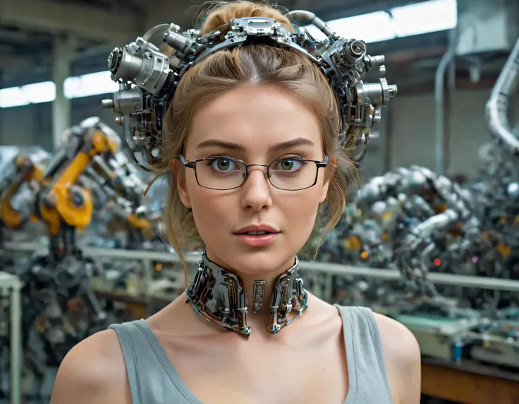 Amidst the clamor and mechanical rhythm of the robotic factory, a brilliant yet unassuming young aatatmvkf woman, her hair adorned with a messy bun and glasses perched on the bridge of her nose, tirelessly labored over an intricate assembly line, her fingers deftly manipulating complex tools and gears to piece together the intricacies of artificial humanoid components, all while she lost herself in the symphony of metal parts and gears that harmoniously intertwined with the gentle hum of a whirring machine, as if every cog and gear within this technological ecosystem was precisely crafted to perfectly synchronize her own intellect and dedication, creating an almost ethereal sight that beckoned onlookers to marvel at her extraordinary prowess and unwavering commitment to shaping the future of robotics. netflix, 4k <lora:aatatmvkf01:1>
