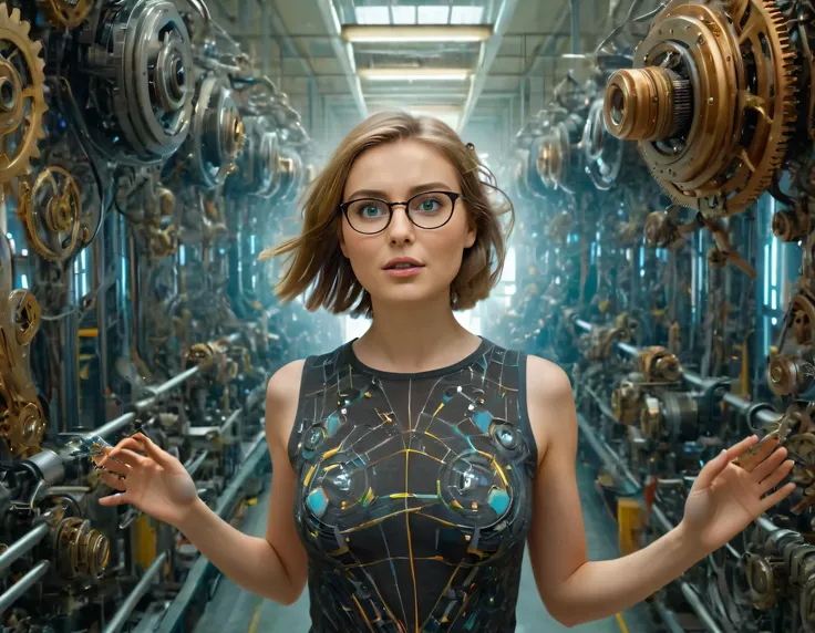 In this bustling, futuristic factory filled with an intricate web of gears and cogs, the brilliantly clever, bespectacled young aatatmvkf woman deftly navigates her way through the maze of machinery, her eyes scanning each meticulously designed component of the robot's structure as she carefully inserts them into place, the factory's rhythmic hum echoing around her and blending seamlessly with the symphony of her mind, painting a vivid tapestry of technological innovation and human ingenuity that harmoniously melts together to forge a dazzling future. netflix, 4k <lora:aatatmvkf01:1>