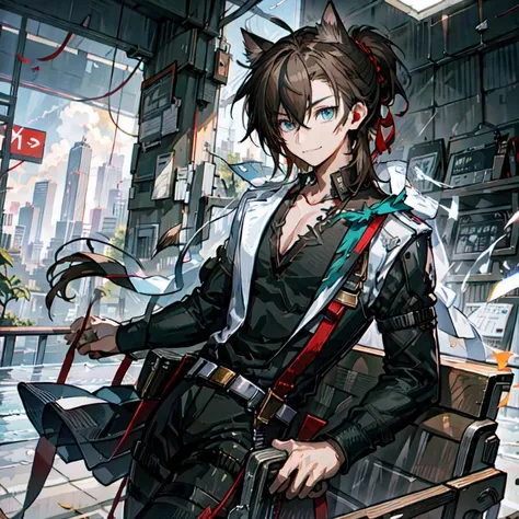 <lora:baitie:0.6>,1boy,(cat ears),((big aqua_eyes)),blue_eyes, brown_hair, (streaked_hair), (bare shoulders), (abs), collarbone,machine background,machine,electric gun,collarbone,male_focus,broken_cup,butter_knife,chair,city_lights,pocket_square,ponytail,potted_plant,shawl_lapels,short_hair,sidelocks,sitting,solo,god rays, factory, outdoors, cats eyes,smile, cable, <lora:midjourney_20230624181825:0.2> <lora:lihui4JXK-b2-bf16-128-128-1-re1-ep3-768-DA-5015fix:0.7>