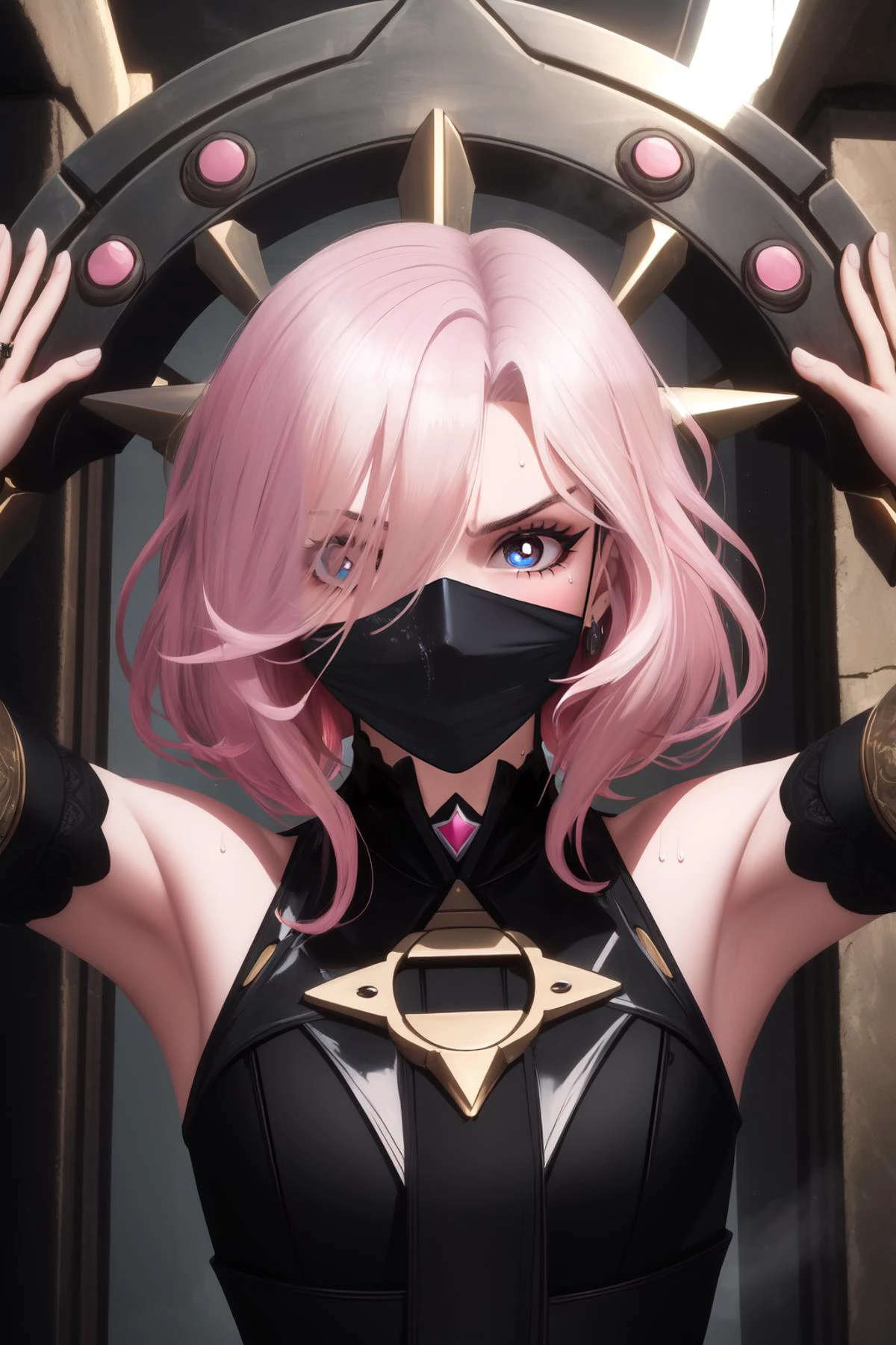 (masterpiece, best quality), intricate details,
1girl, <lora:BriarV2:0.8> pink sclera,hands up, head shackles,black clothes,white short hair with pink streaks
<lora:overthenose7:0.8> over the nose gag, black gag,
<lora:dungeon_v2.0:0.8> dungeon, sweating, glaring,