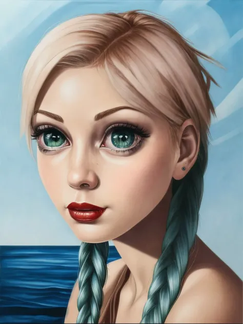 <lyco:sas christiansen big eyes_v1.0:1> sas christiansen big eyes, woman, heavy makeup, beach, green hair, pastel colors