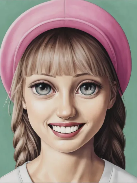 <lyco:sas christiansen big eyes_v1.0:1> sas christiansen big eyes, woman, smiling, pink hat