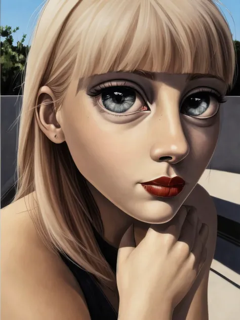 <lyco:sas christiansen big eyes_v1.0:1> sas christiansen big eyes, woman, heavy makeup, sunny day, posing on a terrace