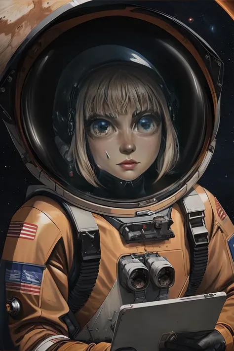 <lyco:sas christiansen big eyes_v1.0:1> sas christiansen big eyes, woman, heavy makeup, Spacesuit, Spacesuit helmet, posing on the ((surface of mars,)) martian, lunar lander,