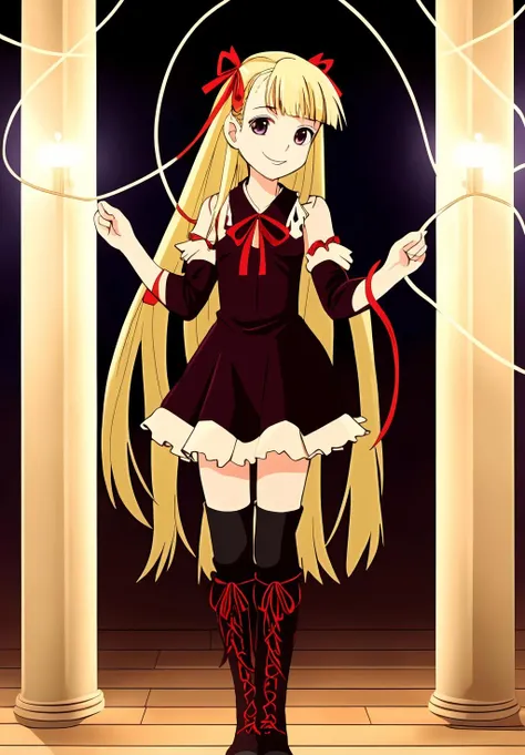 <lora:Evangeline_McDowell:0.8>, (masterpiece, best quality,perfect lighting), Evangeline_McDowell, 1girl, solo, smile, ribbon, hair ribbon, boots, detached sleeves, knee boots, cross-laced footwear, string