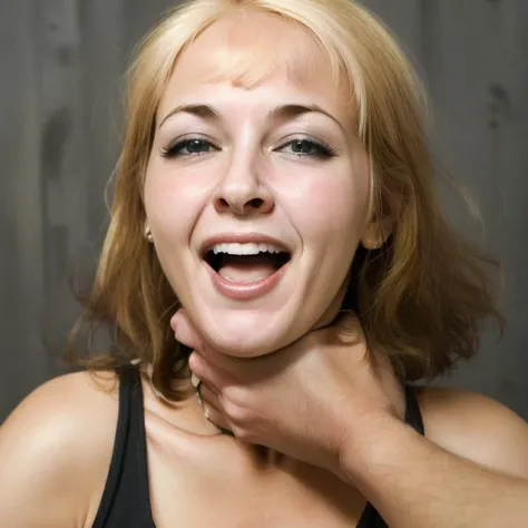 adult smiling woman being strangled by hand,  <lora:choking-20:0.8>