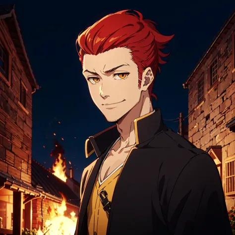 1boy, portrait, pompadour hair, red hair, little smile, yellow eye, black jacket, medieval, village burning at night <lora:bleach_style_offset:1>
