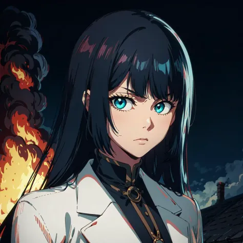 1girl, portrait, long hair, black hair, bangs, cyan eyes, serious, white suit, medieval, village burning at night <lora:bleach_style_offset:1>