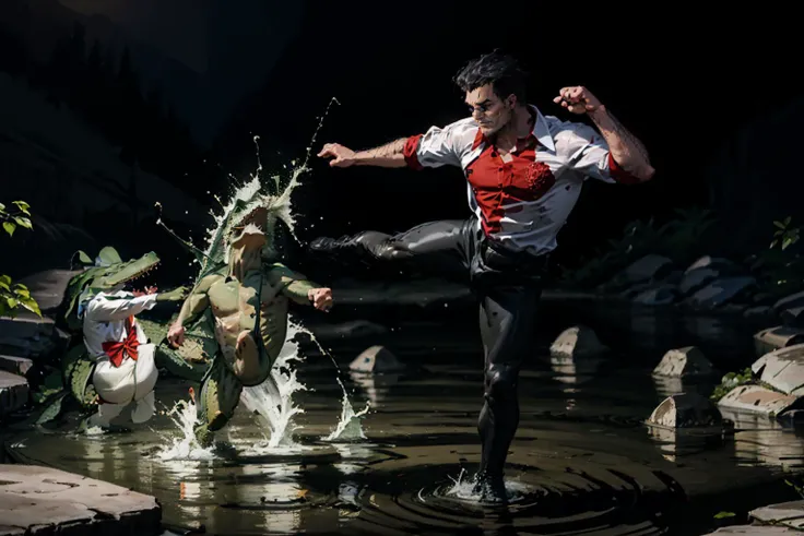 (masterpiece, best quality:1.2), IncrsAllgtrMeme, crocodile, 1boy, hthelltaker, arm hair, sunglasses, kicking, water, standing on one leg, red shirt, collared shirt, black apron <lora:helltaker_helltaker:1> <lora:KickingAlligatorMemeV4:1>
