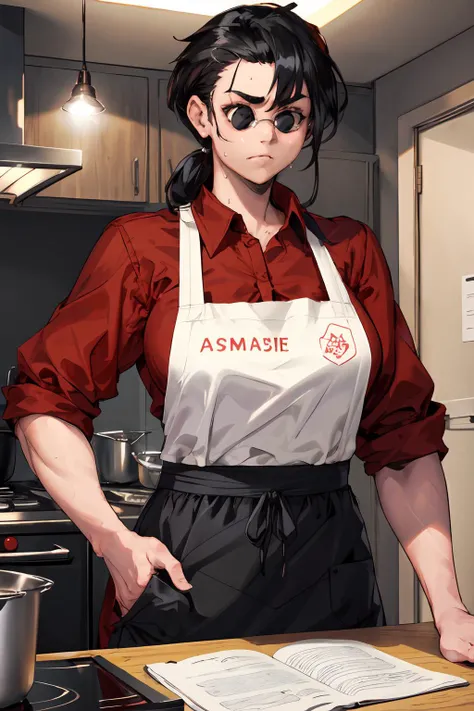 masterpiece,best quality,1girl,mature female,hthelltaker,black hair,muscular,[[sunglasses]],((black eyes)),red shirt,collared shirt,black apron,(awkward),sweatdrop,indoors,kitchen,<lora:helltaker_helltaker:0.7>,
