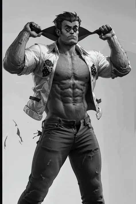 masterpiece, best quality, absurdres, 1boy, solo, hthelltaker, arm hair, sunglasses, jacket, shirt, collared shirt, sleeves rolled up, pants, Incursiogigarefusestoelaboratefurther, monochrome, greyscale, <lora:helltaker_helltaker:1>, <lora:RefusesToElaborateFurther:0.7>