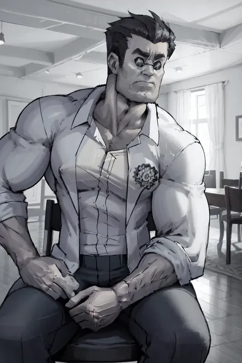masterpiece, best quality, absurdres, 1boy, solo, hthelltaker, arm hair, sunglasses, jacket, shirt, collared shirt, sleeves rolled up, pants, indoors, sitting, chair, IncursioGigaSitting, monochrome, greyscale, <lora:helltaker_helltaker:1>, <lora:GigaIncursioSitting:1>